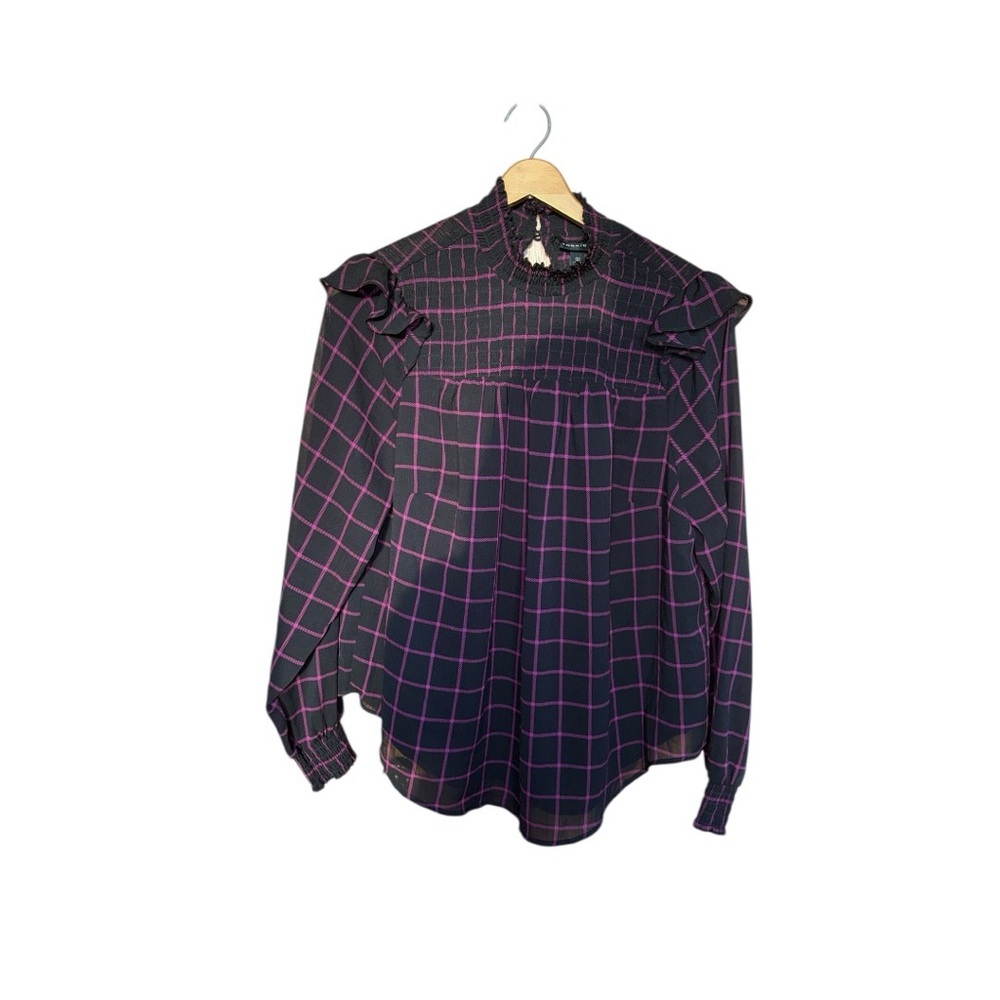 torrid Black Blouse with Pink Grid and Ruffle Yoke